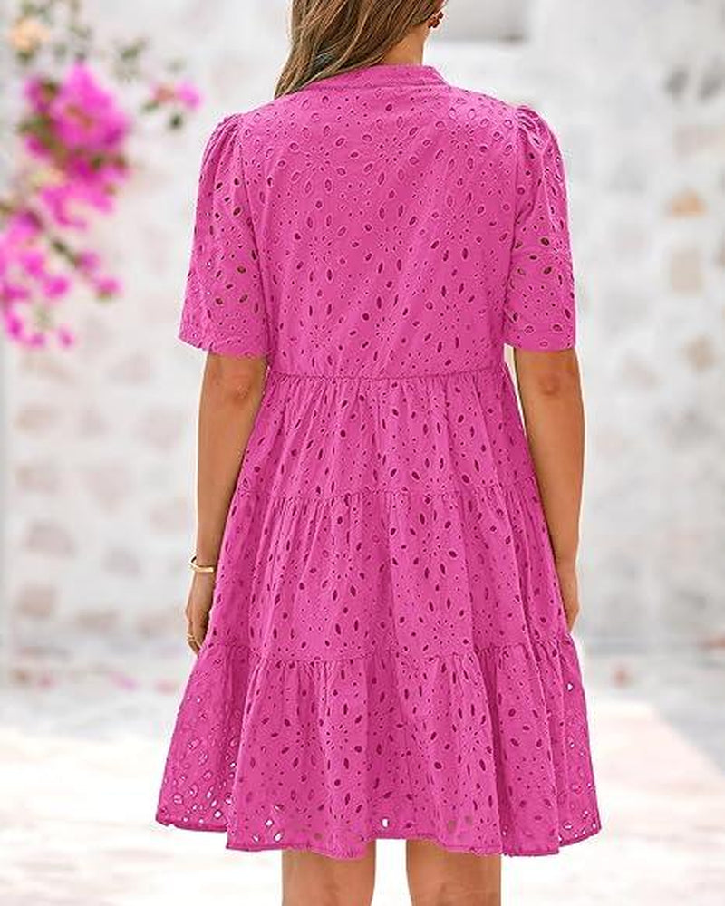 BTFBM Women's Bohemian Summer Dress 2025 Resort V-Neck Short Sleeve Lace Ruffle Casual Beach Mini Vacation Dress