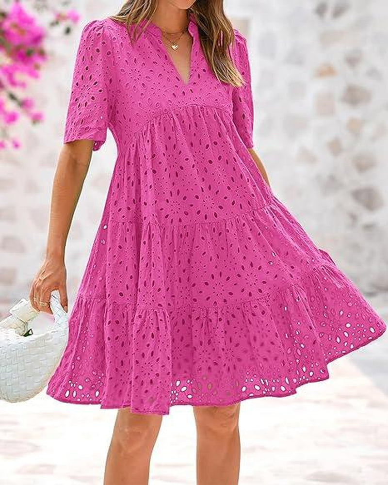 BTFBM Women's Bohemian Summer Dress 2025 Resort V-Neck Short Sleeve Lace Ruffle Casual Beach Mini Vacation Dress
