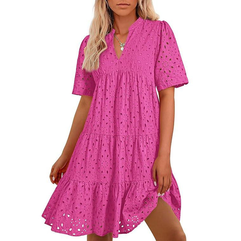 BTFBM Women's Bohemian Summer Dress 2025 Resort V-Neck Short Sleeve Lace Ruffle Casual Beach Mini Vacation Dress