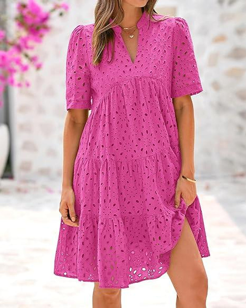 BTFBM Women's Bohemian Summer Dress 2025 Resort V-Neck Short Sleeve Lace Ruffle Casual Beach Mini Vacation Dress