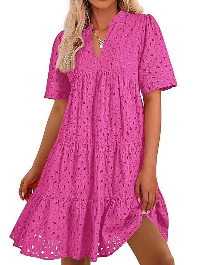 BTFBM Women's Bohemian Summer Dress 2025 Resort V-Neck Short Sleeve Lace Ruffle Casual Beach Mini Vacation Dress