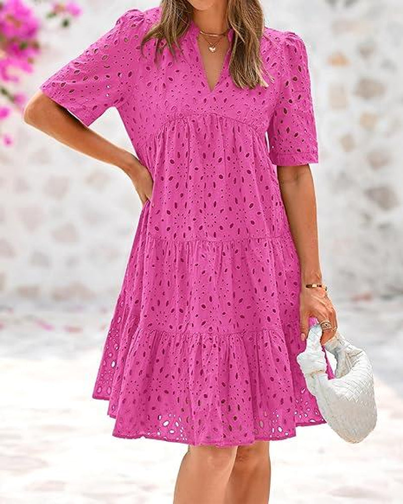 BTFBM Women's Bohemian Summer Dress 2025 Resort V-Neck Short Sleeve Lace Ruffle Casual Beach Mini Vacation Dress