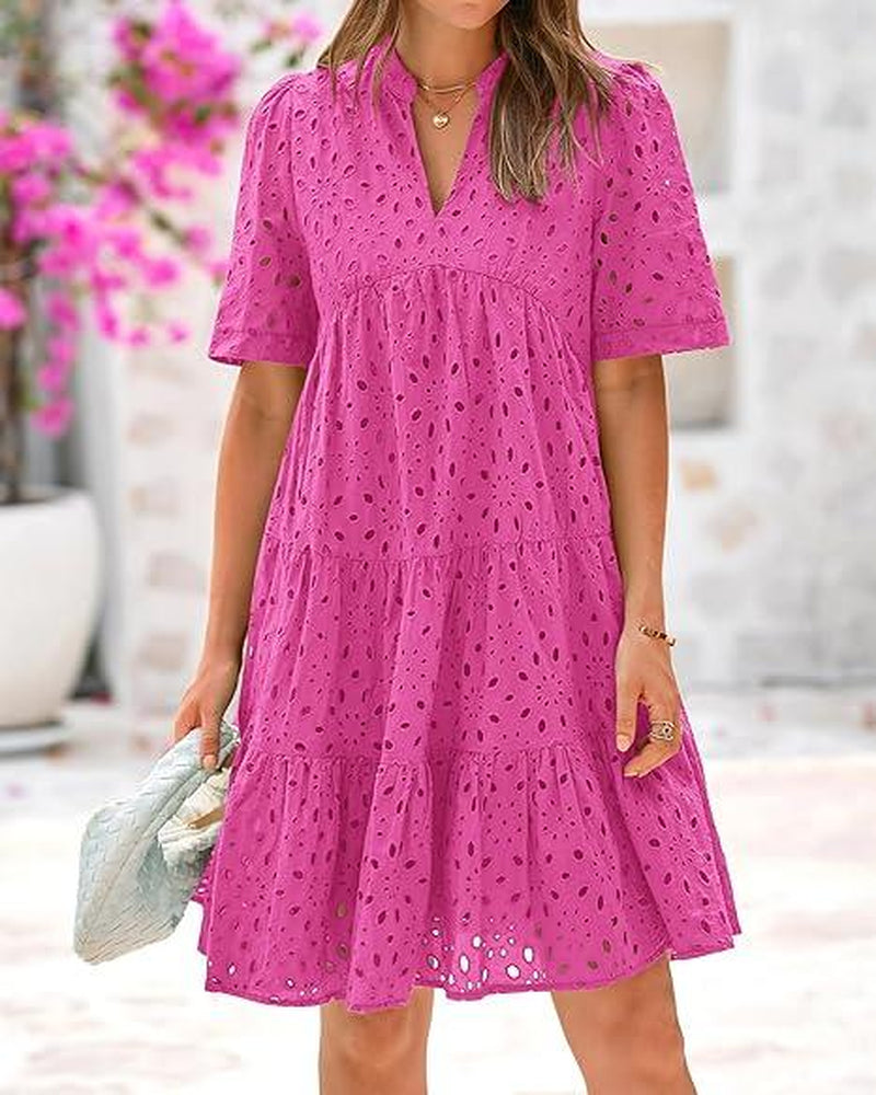 BTFBM Women's Bohemian Summer Dress 2025 Resort V-Neck Short Sleeve Lace Ruffle Casual Beach Mini Vacation Dress
