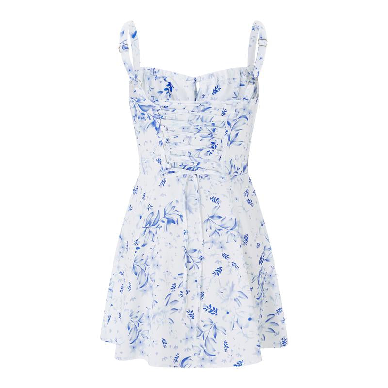 Women's Floral Print Mini Bodycon Dress with Low Cut Tie-Up Cami and Backless Design for Summer Parties